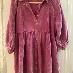 Magenta Corduroy Button Down Maternity Dress